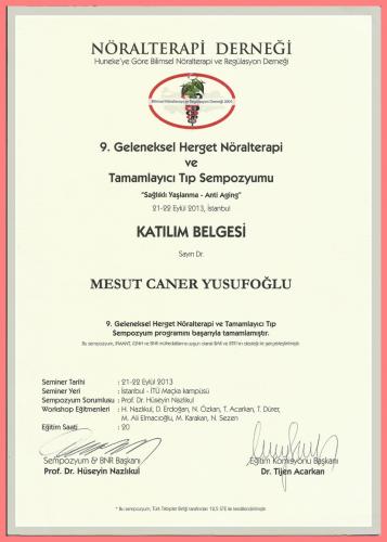9.Geleneksel Herget Nralterapi ve Tamamlayc Tp Sempozyumu Katlm Belgesi Salkl Yalanma- Anti Aging   