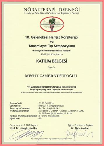 10.Geleneksel Herget Nralterapi ve Tamamlayc Tp Sempozyumu Katlm Belgesi Nrolojik Hastalklarda Btncl Yaklam    